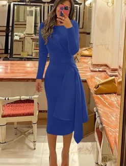 Beach Wedding Sheath Cocktail Dresses Elegant Dress Formal Fall Knee Length Long Sleeve Jewel Neck Stretch Fabric with Pleats Ruched Dresses