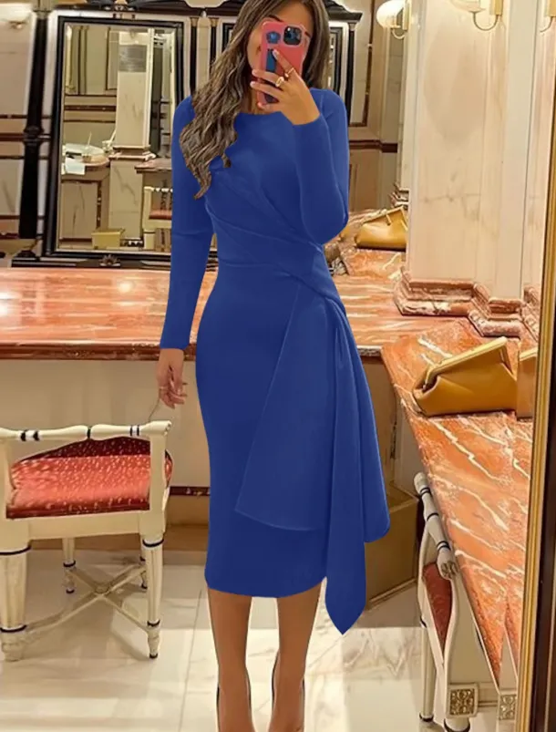 Beach Wedding Sheath Cocktail Dresses Elegant Dress Formal Fall Knee Length Long Sleeve Jewel Neck Stretch Fabric with Pleats Ruched Dresses