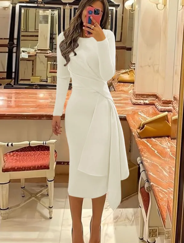 Beach Wedding Sheath Cocktail Dresses Elegant Dress Formal Fall Knee Length Long Sleeve Jewel Neck Stretch Fabric with Pleats Ruched Dresses