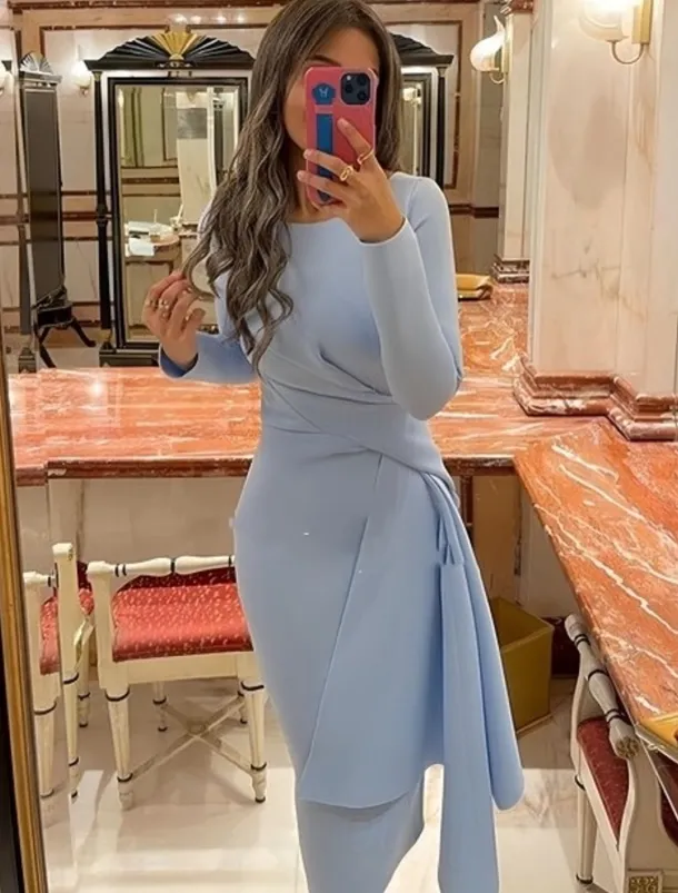 Beach Wedding Sheath Cocktail Dresses Elegant Dress Formal Fall Knee Length Long Sleeve Jewel Neck Stretch Fabric with Pleats Ruched Dresses