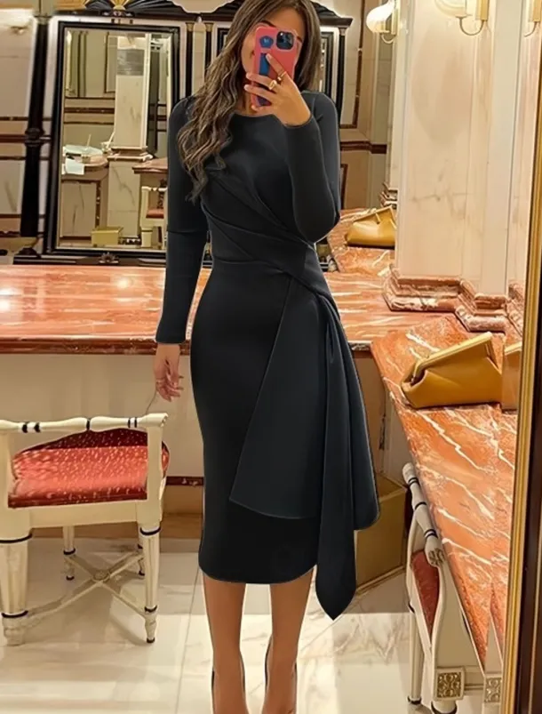 Beach Wedding Sheath Cocktail Dresses Elegant Dress Formal Fall Knee Length Long Sleeve Jewel Neck Stretch Fabric with Pleats Ruched Dresses