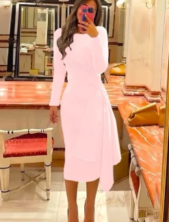 Beach Wedding Sheath Cocktail Dresses Elegant Dress Formal Fall Knee Length Long Sleeve Jewel Neck Stretch Fabric with Pleats Ruched Dresses