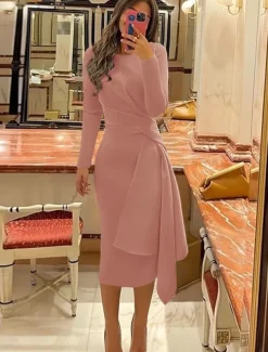 Beach Wedding Sheath Cocktail Dresses Elegant Dress Formal Fall Knee Length Long Sleeve Jewel Neck Stretch Fabric with Pleats Ruched Dresses