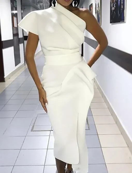 Beach Wedding Sheath Cocktail Dresses Elegant Dress Wedding Guest WorkWear Ankle Length Short Sleeve One Shoulder Stretch Fabric with Bow(s) Slit Dresses