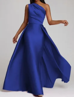 Beach Wedding Sheath Evening Gown Elegant Dress Wedding Guest Cocktail Party Floor Length Sleeveless One Shoulder Satin with Overskirt Pure Color