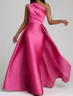 Beach Wedding Sheath Evening Gown Elegant Dress Wedding Guest Cocktail Party Floor Length Sleeveless One Shoulder Satin with Overskirt Pure Color