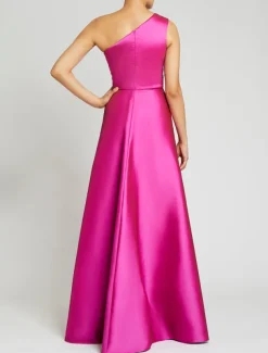 Beach Wedding Sheath Evening Gown Elegant Dress Wedding Guest Cocktail Party Floor Length Sleeveless One Shoulder Satin with Overskirt Pure Color