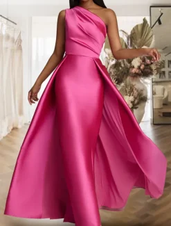 Beach Wedding Sheath Evening Gown Elegant Dress Wedding Guest Cocktail Party Floor Length Sleeveless One Shoulder Satin with Overskirt Pure Color