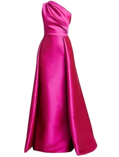Beach Wedding Sheath Evening Gown Elegant Dress Wedding Guest Cocktail Party Floor Length Sleeveless One Shoulder Satin with Overskirt Pure Color