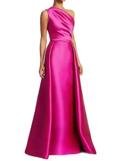 Beach Wedding Sheath Evening Gown Elegant Dress Wedding Guest Cocktail Party Floor Length Sleeveless One Shoulder Satin with Overskirt Pure Color