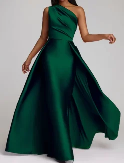 Beach Wedding Sheath Evening Gown Elegant Dress Wedding Guest Cocktail Party Floor Length Sleeveless One Shoulder Satin with Overskirt Pure Color