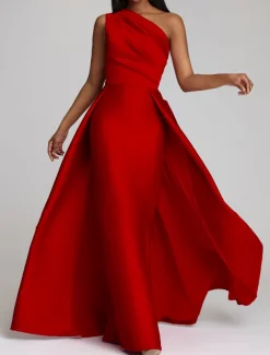 Beach Wedding Sheath Evening Gown Elegant Dress Wedding Guest Cocktail Party Floor Length Sleeveless One Shoulder Satin with Overskirt Pure Color