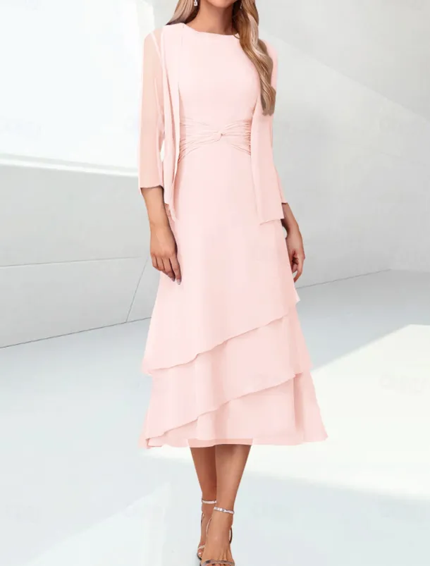 Beach Wedding Sheath Mother of the Bride Dress Elegant Jewel Neck Tea Length Chiffon 3/4 Length Sleeve Wrap Included with Ruching