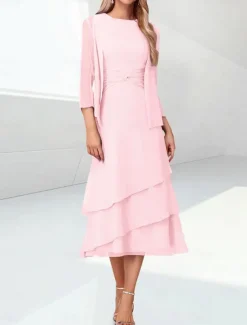 Beach Wedding Sheath Mother of the Bride Dress Elegant Jewel Neck Tea Length Chiffon 3/4 Length Sleeve Wrap Included with Ruching