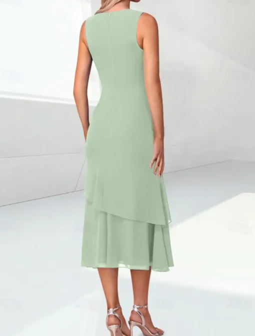 Beach Wedding Sheath Mother of the Bride Dress Elegant Jewel Neck Tea Length Chiffon 3/4 Length Sleeve Wrap Included with Ruching