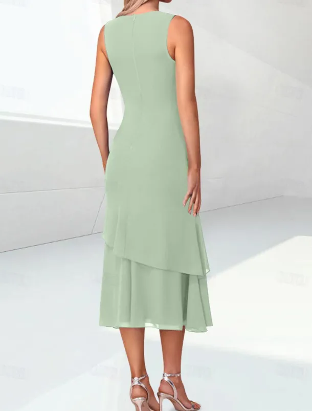 Beach Wedding Sheath Mother of the Bride Dress Elegant Jewel Neck Tea Length Chiffon 3/4 Length Sleeve Wrap Included with Ruching