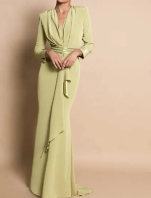 Beach Wedding Sheath Mother of the Bride Dress Formal Wedding Guest Elegant Party V Neck Sweep / Brush Train Stretch Chiffon Long Sleeve with Draping Ruching free custom size
