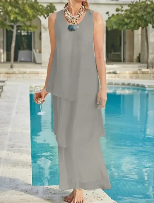 Beach Wedding Sheath Mother of the Bride Dress Wedding Guest Elegant Simple V Neck Ankle Length Chiffon Sleeveless with Tier Solid Color free custom size