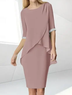 Beach Wedding Sheath Mother of the Bride Dress Wedding Guest Elegant Jewel Neck Tea Length Chiffon Half Sleeve with Beading Ruching