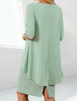 Beach Wedding Sheath Mother of the Bride Dress Wedding Guest Elegant Jewel Neck Tea Length Chiffon Half Sleeve with Beading Ruching