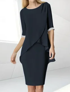 Beach Wedding Sheath Mother of the Bride Dress Wedding Guest Elegant Jewel Neck Tea Length Chiffon Half Sleeve with Beading Ruching