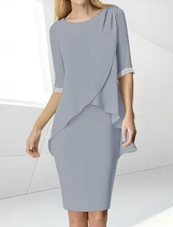 Beach Wedding Sheath Mother of the Bride Dress Wedding Guest Elegant Jewel Neck Tea Length Chiffon Half Sleeve with Beading Ruching