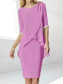 Beach Wedding Sheath Mother of the Bride Dress Wedding Guest Elegant Jewel Neck Tea Length Chiffon Half Sleeve with Beading Ruching