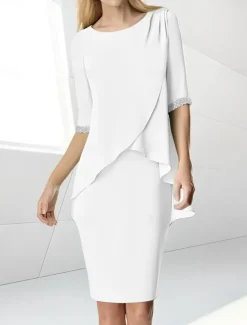 Beach Wedding Sheath Mother of the Bride Dress Wedding Guest Elegant Jewel Neck Tea Length Chiffon Half Sleeve with Beading Ruching