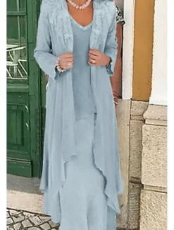 Beach Wedding Two Piece A-Line Mother of the Bride Dress Formal Wedding Guest Elegant Plus Size Casual V Neck Floor Length Lace Linen Cotton Blend Sleeveless Jacket Dresses with Appliques