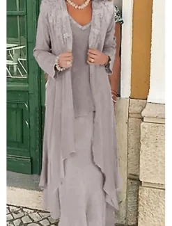 Beach Wedding Two Piece A-Line Mother of the Bride Dress Formal Wedding Guest Elegant Plus Size Casual V Neck Floor Length Lace Linen Cotton Blend Sleeveless Jacket Dresses with Appliques