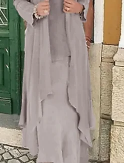 Beach Wedding Two Piece A-Line Mother of the Bride Dress Formal Wedding Guest Elegant Plus Size Casual V Neck Floor Length Lace Linen Cotton Blend Sleeveless Jacket Dresses with Appliques