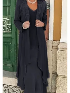 Beach Wedding Two Piece A-Line Mother of the Bride Dress Formal Wedding Guest Elegant Plus Size Casual V Neck Floor Length Lace Linen Cotton Blend Sleeveless Jacket Dresses with Appliques