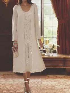 Beach Wedding Two Piece A-Line Mother of the Bride Dress Formal Wedding Guest Elegant V Neck Tea Length Chiffon Lace Sleeveless Jacket Dresses with Beading Sequin free custom size