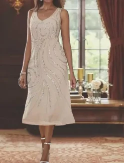 Beach Wedding Two Piece A-Line Mother of the Bride Dress Formal Wedding Guest Elegant V Neck Tea Length Chiffon Lace Sleeveless Jacket Dresses with Beading Sequin free custom size