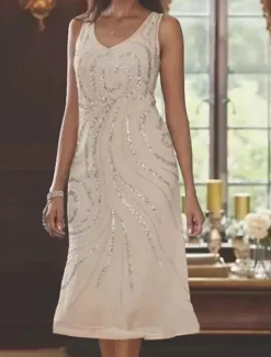 Beach Wedding Two Piece A-Line Mother of the Bride Dress Formal Wedding Guest Elegant V Neck Tea Length Chiffon Lace Sleeveless Jacket Dresses with Beading Sequin free custom size