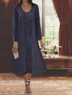 Beach Wedding Two Piece A-Line Mother of the Bride Dress Formal Wedding Guest Elegant V Neck Tea Length Chiffon Lace Sleeveless Jacket Dresses with Beading Sequin free custom size