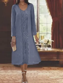 Beach Wedding Two Piece A-Line Mother of the Bride Dress Formal Wedding Guest Elegant V Neck Tea Length Chiffon Lace Sleeveless Jacket Dresses with Beading Sequin free custom size