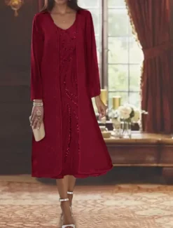 Beach Wedding Two Piece A-Line Mother of the Bride Dress Formal Wedding Guest Elegant V Neck Tea Length Chiffon Lace Sleeveless Jacket Dresses with Beading Sequin free custom size