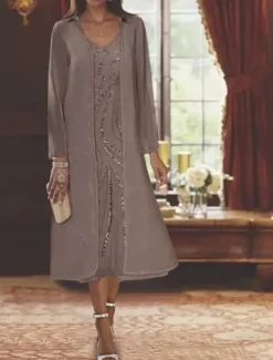 Beach Wedding Two Piece A-Line Mother of the Bride Dress Formal Wedding Guest Elegant V Neck Tea Length Chiffon Lace Sleeveless Jacket Dresses with Beading Sequin free custom size