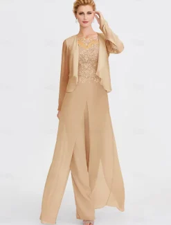 Beach Wedding Two Piece Jumpsuit / Pantsuit Mother of the Bride Formal Wedding Guest Elegant Wrap Included Bateau Neck Floor Length Chiffon 3/4 Length Sleeve with Appliques
