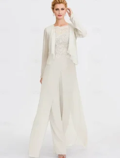 Beach Wedding Two Piece Jumpsuit / Pantsuit Mother of the Bride Formal Wedding Guest Elegant Wrap Included Bateau Neck Floor Length Chiffon 3/4 Length Sleeve with Appliques