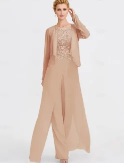 Beach Wedding Two Piece Jumpsuit / Pantsuit Mother of the Bride Formal Wedding Guest Elegant Wrap Included Bateau Neck Floor Length Chiffon 3/4 Length Sleeve with Appliques