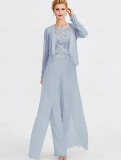 Beach Wedding Two Piece Jumpsuit / Pantsuit Mother of the Bride Formal Wedding Guest Elegant Wrap Included Bateau Neck Floor Length Chiffon 3/4 Length Sleeve with Appliques