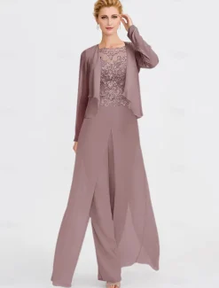 Beach Wedding Two Piece Jumpsuit / Pantsuit Mother of the Bride Formal Wedding Guest Elegant Wrap Included Bateau Neck Floor Length Chiffon 3/4 Length Sleeve with Appliques
