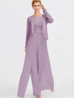 Beach Wedding Two Piece Jumpsuit / Pantsuit Mother of the Bride Formal Wedding Guest Elegant Wrap Included Bateau Neck Floor Length Chiffon 3/4 Length Sleeve with Appliques
