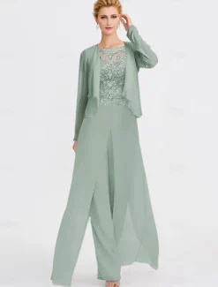 Beach Wedding Two Piece Jumpsuit / Pantsuit Mother of the Bride Formal Wedding Guest Elegant Wrap Included Bateau Neck Floor Length Chiffon 3/4 Length Sleeve with Appliques