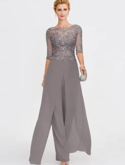 Beach Wedding Two Piece Jumpsuit / Pantsuit Mother of the Bride Formal Wedding Guest Elegant Wrap Included Bateau Neck Floor Length Chiffon 3/4 Length Sleeve with Appliques