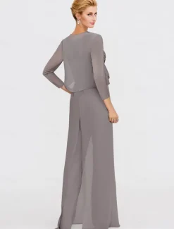 Beach Wedding Two Piece Jumpsuit / Pantsuit Mother of the Bride Formal Wedding Guest Elegant Wrap Included Bateau Neck Floor Length Chiffon 3/4 Length Sleeve with Appliques