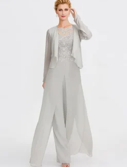Beach Wedding Two Piece Jumpsuit / Pantsuit Mother of the Bride Formal Wedding Guest Elegant Wrap Included Bateau Neck Floor Length Chiffon 3/4 Length Sleeve with Appliques