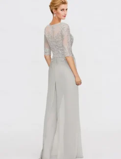Beach Wedding Two Piece Jumpsuit / Pantsuit Mother of the Bride Formal Wedding Guest Elegant Wrap Included Bateau Neck Floor Length Chiffon 3/4 Length Sleeve with Appliques